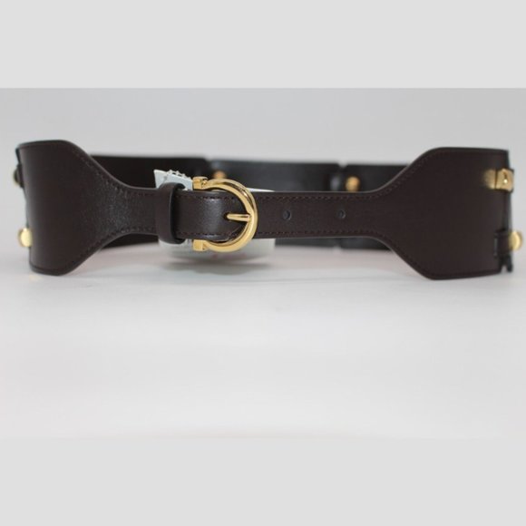 $495 Salvatore Ferragamo DARK BROWN CALF Leather GOLD STUDS Belt Size 70,80,85 - Picture 2 of 7